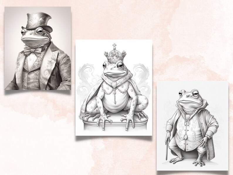 May include: Three black and white illustrations of frogs wearing different outfits. The first frog is wearing a top hat and a bow tie. The second frog is wearing a crown and a cape. The third frog is wearing a suit and holding a cane.