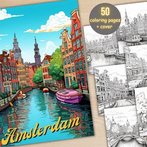 May include: A coloring book featuring 50 pages of illustrations of Amsterdam, Netherlands. The cover shows a colorful illustration of a canal with boats and buildings. The text "Amsterdam" is written in a stylized font.