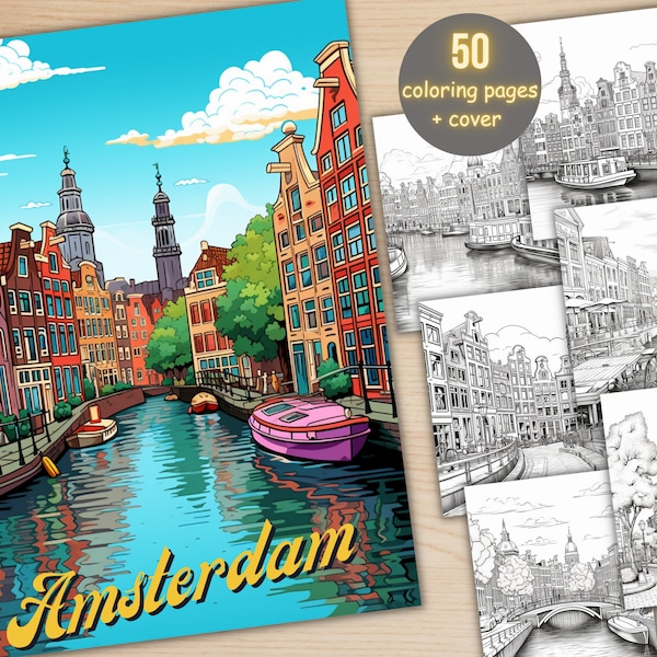 50 Amsterdam City Coloring Book, Printable PDF, Cafe Scenes Coloring Pages, Street Landscape Grayscale Coloring Book for Adults and Kids