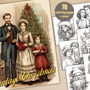 70 Vintage Christmas Bundle Coloring Book, Printable Retro Xmas Santa Coloring Pages, Grayscale Christmas Coloring Book for Adults and Kids