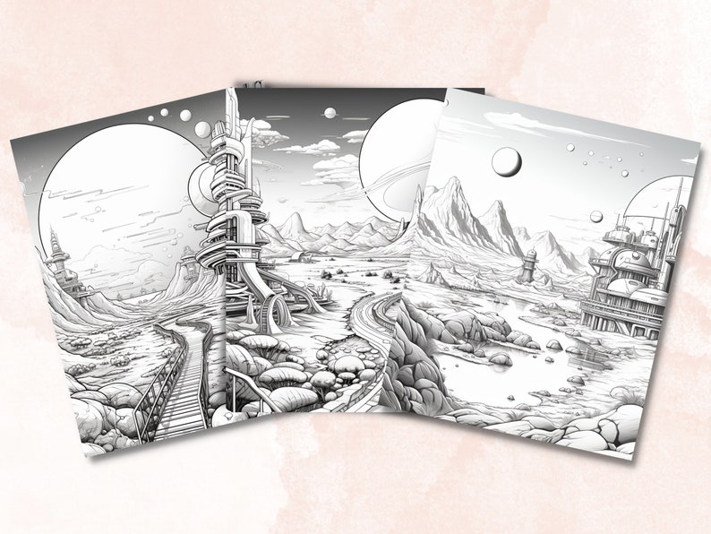 K&ouml;nnte beinhalten: Drei Schwarzwei&szlig;illustrationen von futuristischen Landschaften mit Planeten, Monden und Geb&auml;uden. Die Illustrationen sind detailliert gezeichnet mit einem Fokus auf Architektur und Umgebung.