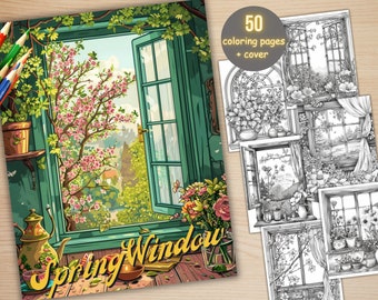 50 Spring Windows Coloring Book, Printable Floral Window Coloring Pages, Grayscale Spring Flowers Scenes Coloring Book for Adults and Kids
