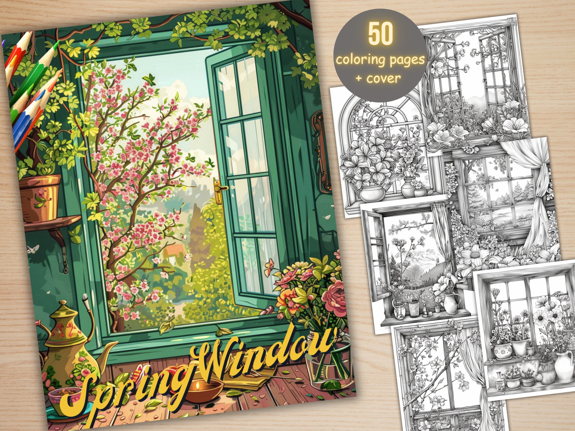 50 Spring Windows Coloring Book, Printable Floral Window Coloring Pages ...