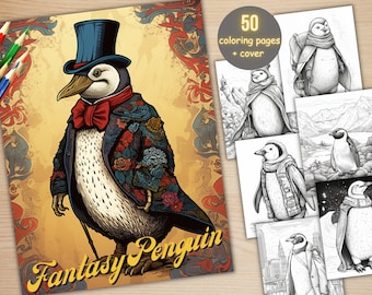 50 Fantasy Penguin Coloring Book, Printable Secret Life of Penguin Coloring Pages, Grayscale Cute Animal Coloring Book for Adult and Kids