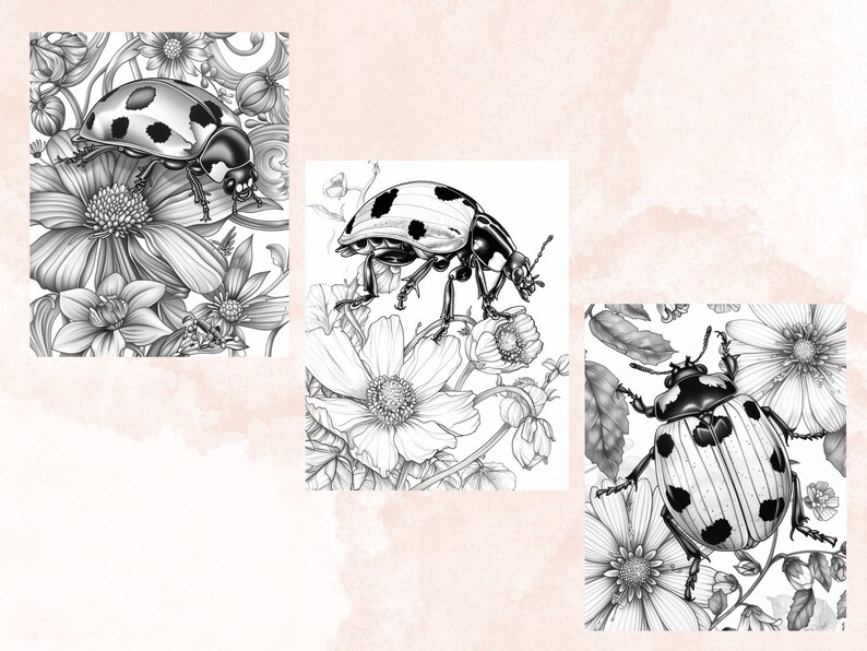 40 Spring Ladybugs Coloring Book, Printable Floral Ladybirds Coloring Pages, Grayscale Spring Flowers Insect Coloring Book for Adults Kids