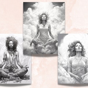 May include: Three black and white illustrations of women meditating in a seated position. The women are wearing casual clothing and have long hair. The background is a cloudy sky.