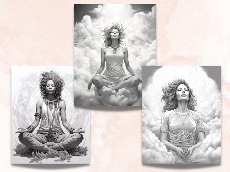 May include: Three black and white illustrations of women meditating in a seated position. The women are wearing casual clothing and have long hair. The background is a cloudy sky.