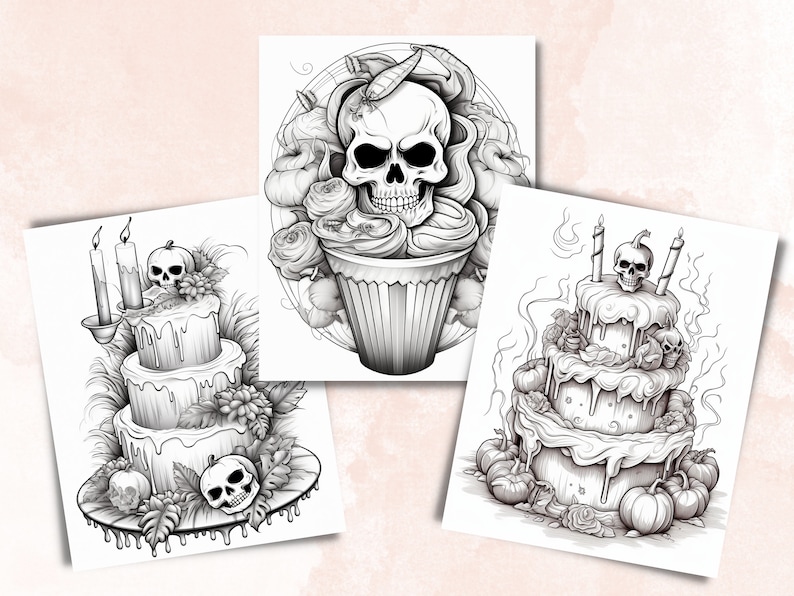 50 Halloween Treats Coloring Book, Printable Pumpkin Dessert and Drink Coloring Pages, Grayscale Halloween Sweets Coloring Book for Adults