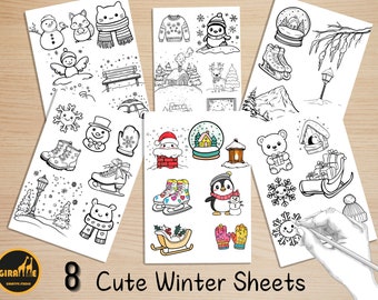 Bold and Easy Coloring Book, Kawaii Winter Sheets Coloring Pages, Cute Winter Holiday Coloring, Relaxing Activity for Adults and Kids