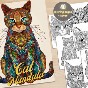 May include: A coloring book with a colorful cat mandala on the cover. The title of the book is "Cat Mandala". The book includes 40 coloring pages and a cover.
