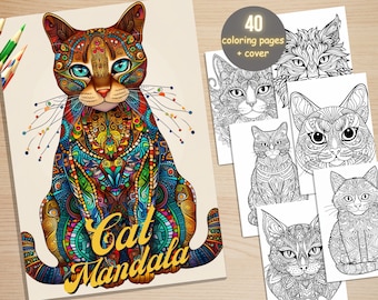 40 kattenmandala kleurboek, afdrukbare stressverlichtingspatronen kleurplaten, mandala dieren kleurboek voor volwassenen en kinderen