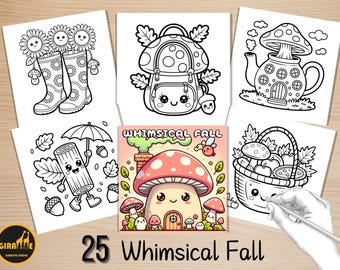 Whimsical Fall Elements Coloring Pages, Bold and Easy Coloring Book, Quirky Autumn Items Coloring, Relaxing Activity for Adults and Kids