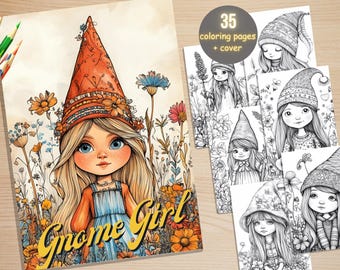35 Garden Gnome Girl Coloring Book, Printable Floral Cute Gnomes Coloring Pages, Grayscale Coloring Book for Adults, Relax and Stress Relief