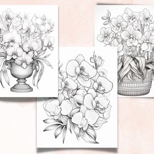 45 Orchid Flowers Coloring Book, Printable PDF, Botanical Floral Plant Coloring Pages, Fantasy Grayscale Spring Coloring Book for Adult Kids