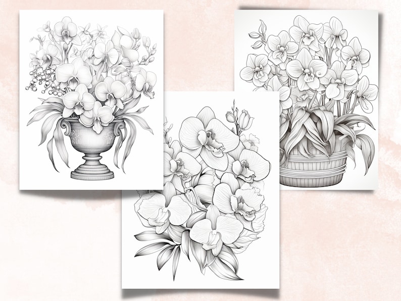 45 Orchid Flowers Coloring Book, Printable PDF, Botanical Floral Plant Coloring Pages, Fantasy Grayscale Spring Coloring Book for Adult Kids