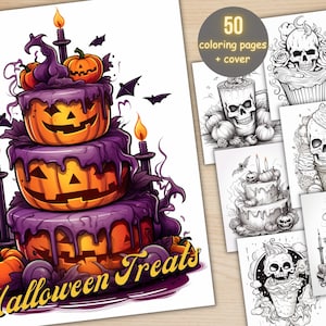 50 Halloween Treats Coloring Book, Printable Pumpkin Dessert and Drink Coloring Pages, Grayscale Halloween Sweets Coloring Book for Adults