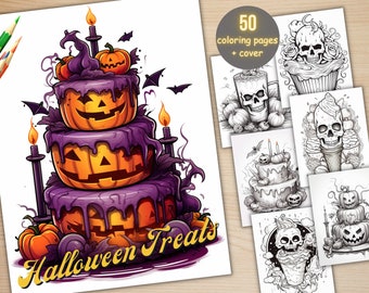 50 Halloween Treats Coloring Book, Printable Pumpkin Dessert and Drink Coloring Pages, Grayscale Halloween Sweets Coloring Book for Adults