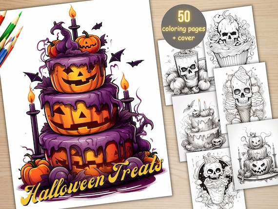 50 Halloween Treats Coloring Book, Printable Pumpkin Dessert and Drink Coloring Pages, Grayscale Halloween Sweets Coloring Book for Adults