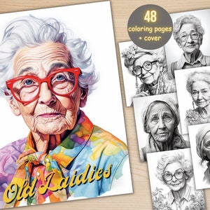 48 Old Lady Portrait Coloring Book, Printable Elderly Grandma Coloring Pages, Fantasy Grayscale Old Woman Coloring Book for Adults Kids