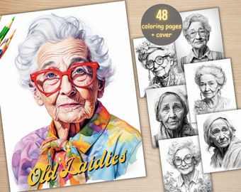 48 Old Lady Portrait Coloring Book, Printable Elderly Grandma Coloring Pages, Fantasy Grayscale Old Woman Coloring Book for Adults Kids