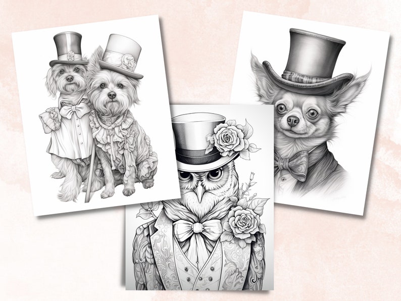65 Victorian Animals Coloring Book, Printable Fairytale Animal Coloring Pages, Grayscale Cute Victorian Coloring Book for Adults and Kids