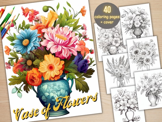 40 Vase of Flowers Coloring Book, Printable PDF, Botanical Floral Plant Coloring Pages, Fantasy Grayscale Coloring Book for Adults and Kids