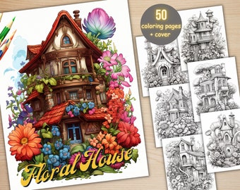 以下が含まれることがあります： 「Floral House」というテキストが書かれた、花で覆われた家のカラフルなイラスト。この画像は、50ページと表紙を含む塗り絵の一部です。