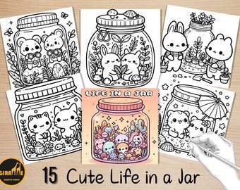 Puede incluir: Un conjunto de 15 páginas para colorear imprimibles con animales y objetos lindos dentro de frascos. Las páginas son en blanco y negro y tienen un estilo de dibujos animados caprichoso. "Life in a Jar" está escrito en la parte superior de una de las páginas.