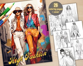 26 High Fashion Style Girls Coloring Book, Printable PDF, Modern Fashion Women Coloring Pages, Grayscale Coloring Book for Adults and Kids