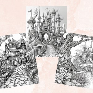 45 Forest Fairy Coloring Book, Printable Fairy Garden Scene Coloring Pages, Fairytale Castle Landscapes Grayscale Coloring Book for Adults