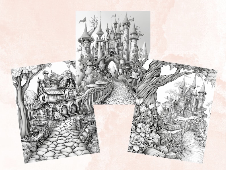 45 Forest Fairy Coloring Book, Printable Fairy Garden Scene Coloring Pages, Fairytale Castle Landscapes Grayscale Coloring Book for Adults
