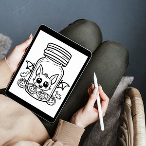 Bold and Easy Coloring Book, Cute Kawaii Halloween Jar Coloring Pages, Cute Creepy Halloween Coloring, Relaxing Activity for Adults and Kids