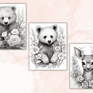 26 Baby Woodland Animals Coloring Book, Printable Little Forest Animals Coloring Pages, Grayscale Coloring Book for Adult Kids, Cute Animals image 5