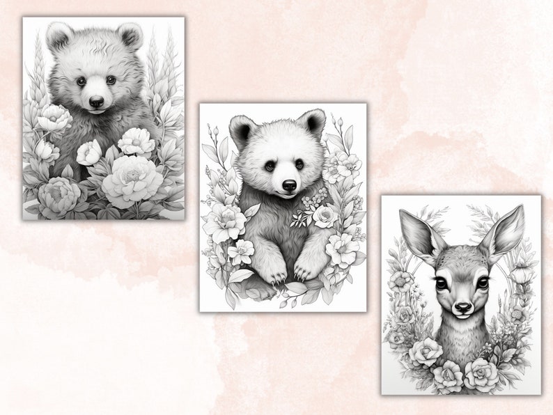26 Baby Woodland Animals Coloring Book, Printable Little Forest Animals Coloring Pages, Grayscale Coloring Book for Adult Kids, Cute Animals image 5