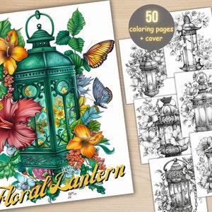 50 Floral Lantern Coloring Book, Printable Enchanted Fantasy Light Coloring Pages, Grayscale Magical Flowers Coloring Book for Adults Kids