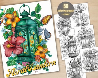 50 Floral Lantern Coloring Book, Printable Enchanted Fantasy Light Coloring Pages, Grayscale Magical Flowers Coloring Book for Adults Kids