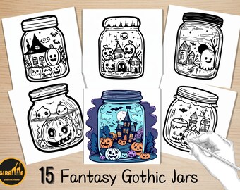 Bold and Easy Coloring Book, Fantasy Gothic Jar Coloring Pages, Cute Creepy Jar Scenes Coloring, Relaxing Activity for Adults and Kids
