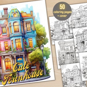 Könnte beinhalten: Ein Malbuch mit 50 Seiten und einem Cover mit einer farbenfrohen Illustration eines niedlichen Reihenhauses. Das Reihenhaus ist in den Farben Rosa, Blau und Gelb gestrichen, mit einem grünen Dach und einer weißen Tür. Um das Haus herum befinden sich Bäume und Blumen.