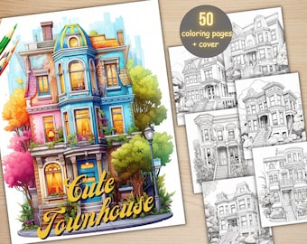 50 Cute Townhouse House Coloring Book, Printable Fantasy City House Coloring Pages, Grayscale Coloring Book for Adults, Dark & Light Version