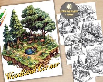 40 Woodland Corner Coloring Book, Printable Enchanted Forest Coloring Pages, Grayscale Coloring Book for Adults, Relax and Stress Relief