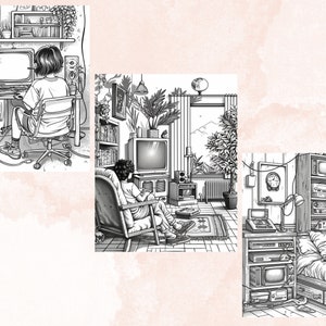 45 Nostalgia 90's Aesthetic Coloring Book, Printable PDF, Nostalgia Coloring Pages, Grayscale Vintage Scenes Coloring Book for Adults Kids