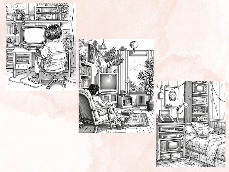45 Nostalgia 90's Aesthetic Coloring Book, Printable PDF, Nostalgia Coloring Pages, Grayscale Vintage Scenes Coloring Book for Adults Kids