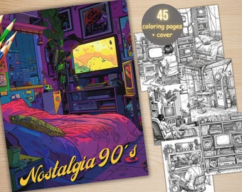 45 Nostalgia 90's Aesthetic Coloring Book, Printable PDF, Retro Coloring Pages, Grayscale Vintage Scenes Coloring Book for Adults and Kids