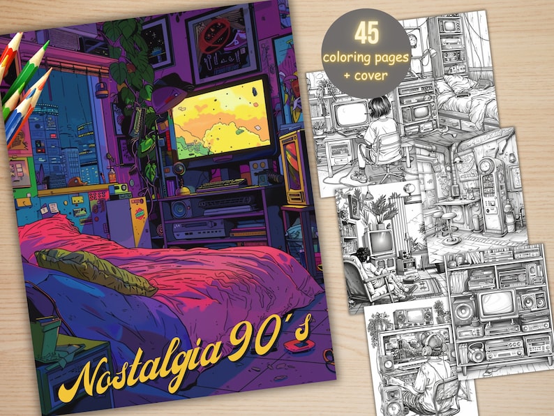45 Nostalgia 90's Aesthetic Coloring Book, Printable PDF, Nostalgia Coloring Pages, Grayscale Vintage Scenes Coloring Book for Adults Kids