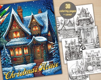 30 Christmas Houses Coloring Book, Printable Fantasy Xmas Cottage Coloring Pages, Grayscale Coloring Book for Adults, Dark Light Version PDF