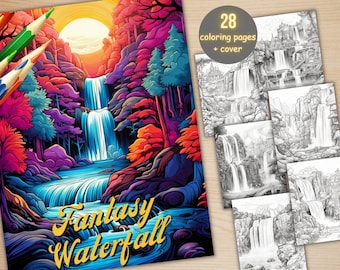 28 Fantasy Waterfall Coloring Book, Printable PDF, Nature Scenery Landscape Coloring Pages, Forest River Grayscale Coloring Book for Adults