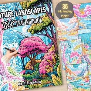 May include: A colourful "Nature Landscapes Ink Tracing Book" with a hand holding a pen, and several ink tracing pages. The book cover features a vibrant illustration of a forest with pink and green trees. The pages show various landscape scenes.