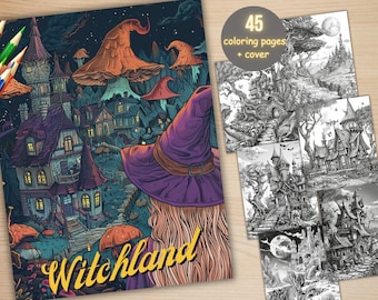 45 Gothic Witch Forest Coloring Book, Printable Haunted Mansion Coloring Pages, Spooky Horror Witchy Grayscale Coloring Book for Adults