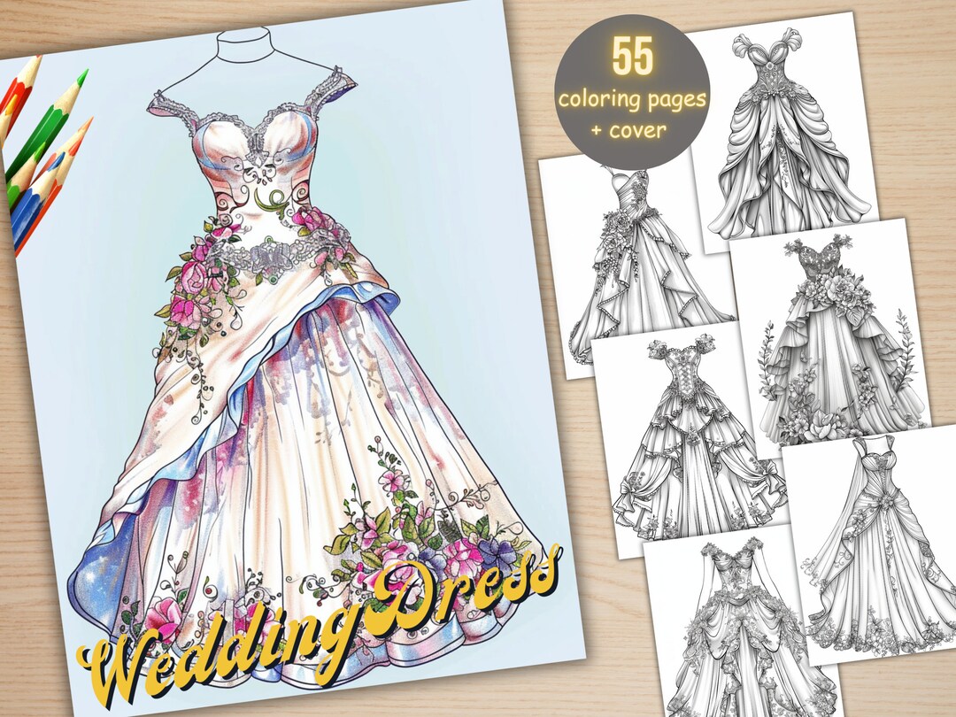 55 Wedding Dress Coloring Book, Printable Bridal Fashion Dress Coloring Pages, Grayscale Wedding ...
