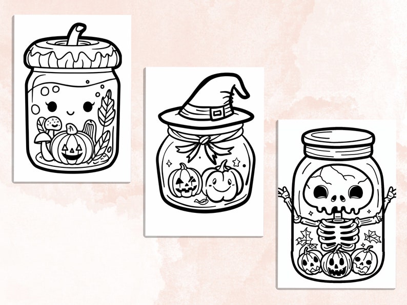 Bold and Easy Coloring Book, Cute Kawaii Halloween Jar Coloring Pages, Cute Creepy Halloween Coloring, Relaxing Activity for Adults and Kids